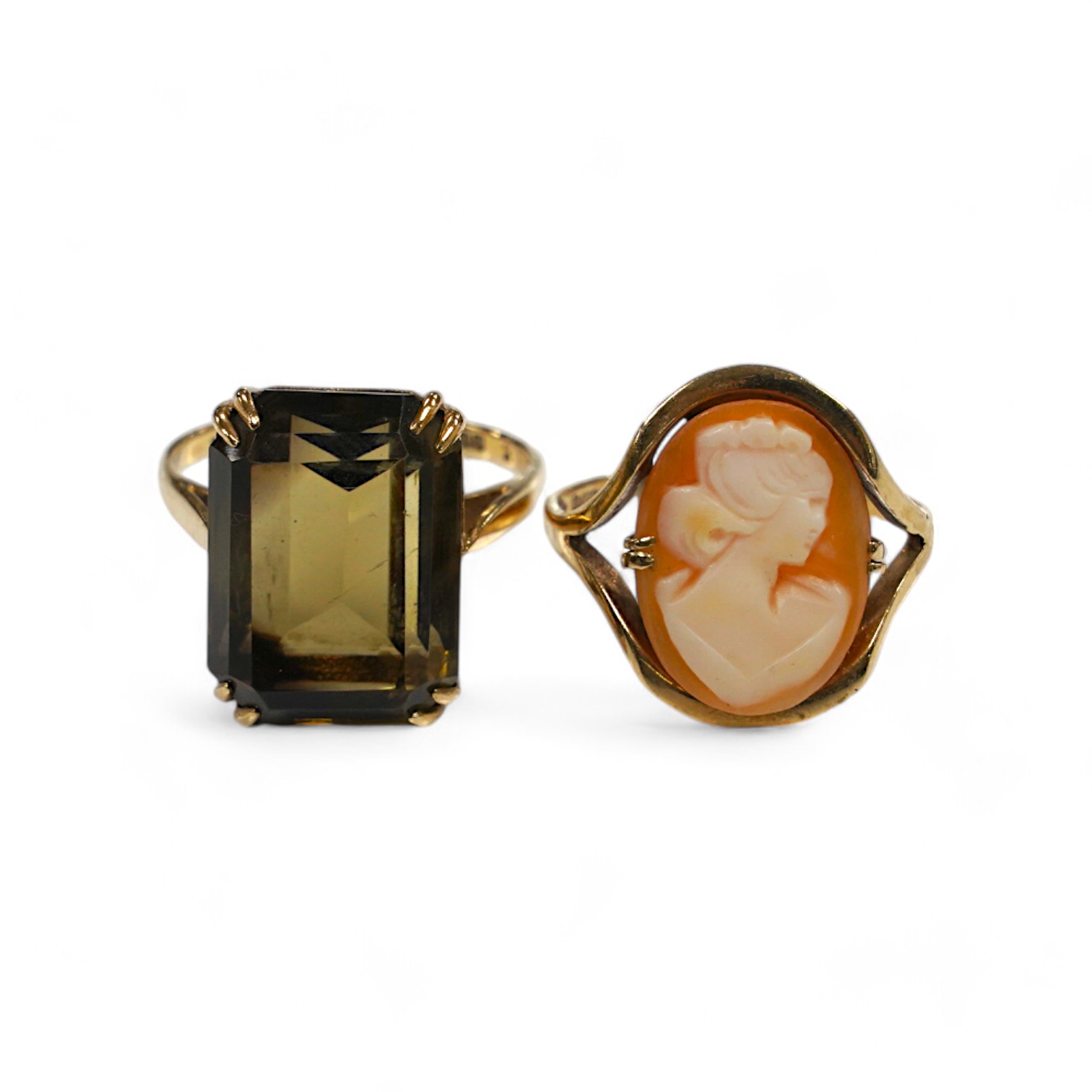 Two 9ct gold and gem set rings to include citrine and cameo shell, gross weight 8.6 grams. Condition - fair to good